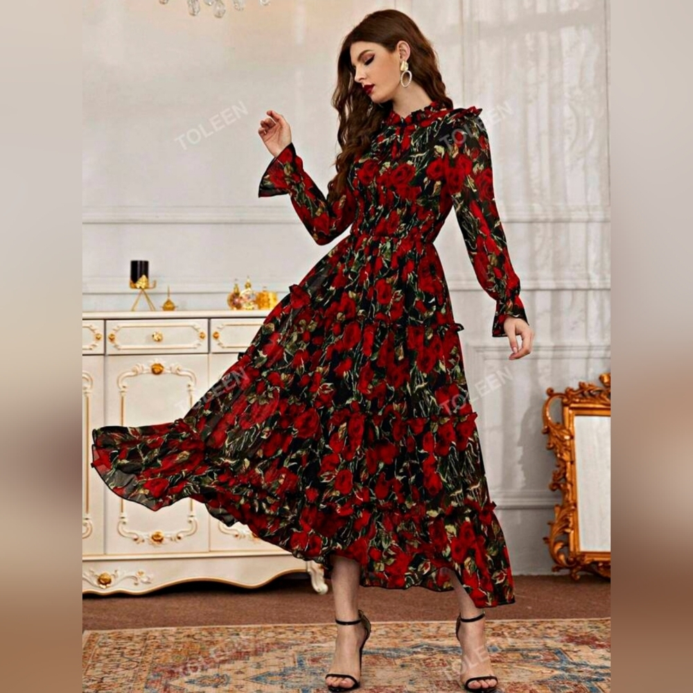 Toleen Womens Red Rose Pattern Dress